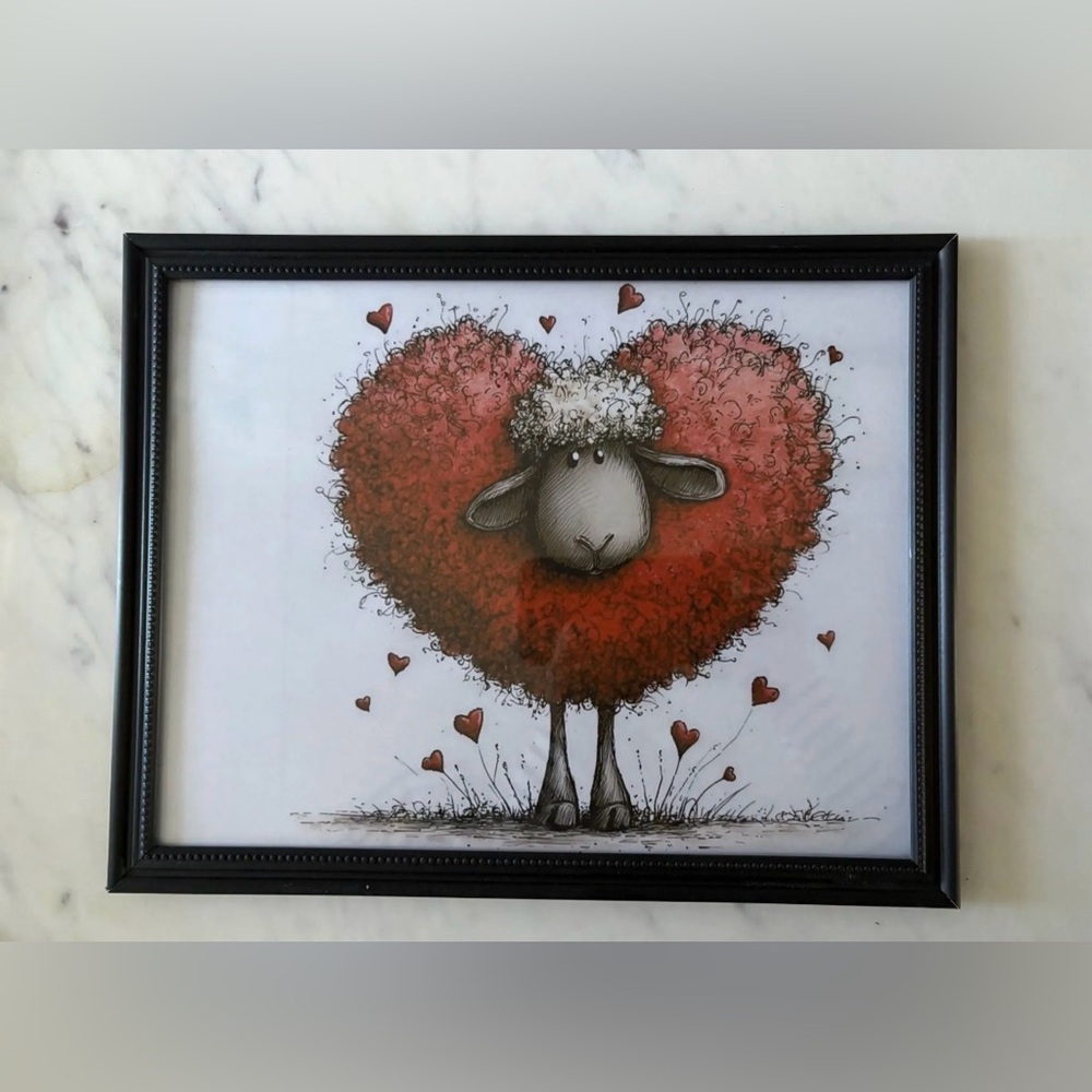 Whimsical Heart Sheep Art in Black Frame